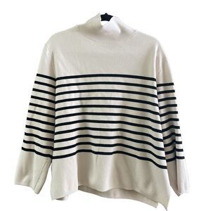 H&M Women's Fine Knit Mock Neck Sweater Light Beige Striped Lagenlook Boxy‎ Med